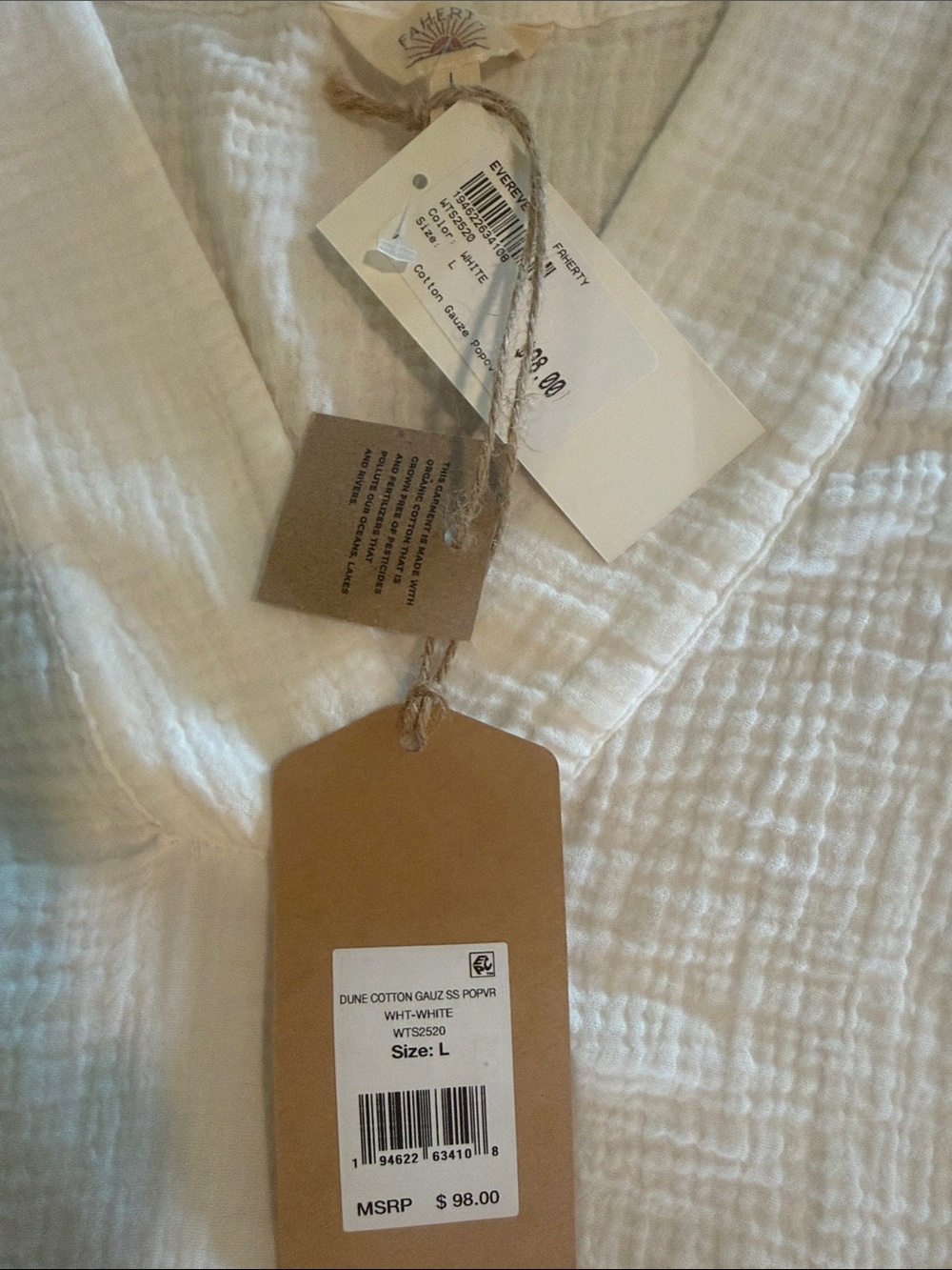 🌊 NEW Faherty Dune 100% Organic Cotton Gauze White V-Neck Popover - Picture 10 of 12